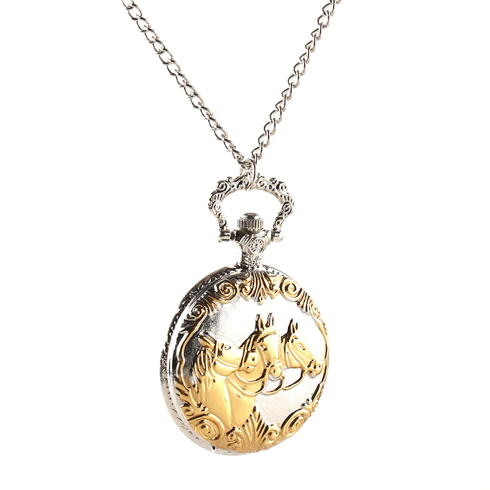 Серебро и золото цвет старинные карманные часы ожерелье цепь кулон резной 3 с принтом лошади карман FOB часы мужские Relógio