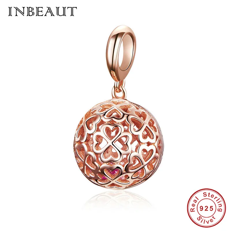 

INBEAUT Hot Sale Genuine 925 Sterling Silver Clover Hollow Pendant Beads Cute Rose Gold Lucky Flower Charm fit Pandora Bracelet