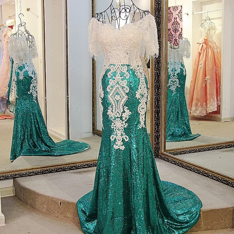 Buy Cheap LS21771 Sequin dress evening long 2017 lace up back short sleeves sweetheart beaded green mermaid long formal party dress