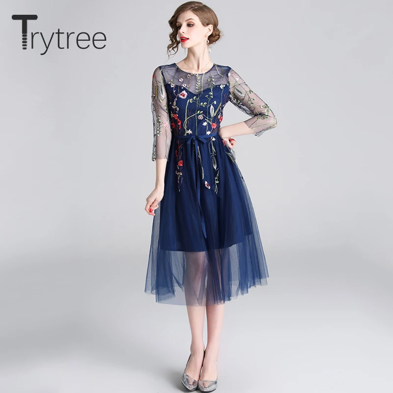 Летнее романтическое Повседневное платье Trytree 2020 женские ажурные платья до
