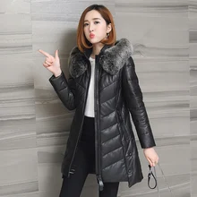 Подлинное пальто из овчины женская зимняя Толстая теплая кожаная куртка женская с натуральным лисьим мехом капюшон модный дизайн NPI 80106A