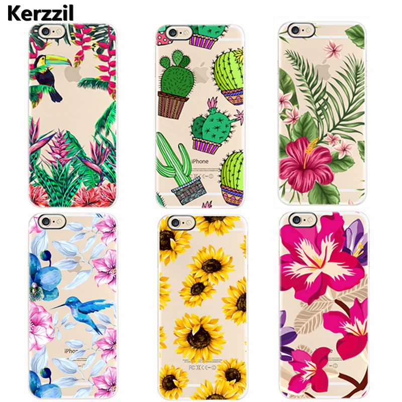 

Kerzzil Soft Silicone Case Flamingo For iPhone 7 Case 7 Plus 6s 6 Plus sunflower Flowers and birds Cactus family Phone Cover