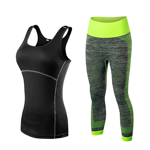 Быстросохнущая спортивная одежда, леггинсы для спортзала, женская футболка, костюм для фитнеса, колготки, спортивный костюм, комплект для йоги, леггинсы, женский спортивный костюм - Цвет: black green 2Pcs set