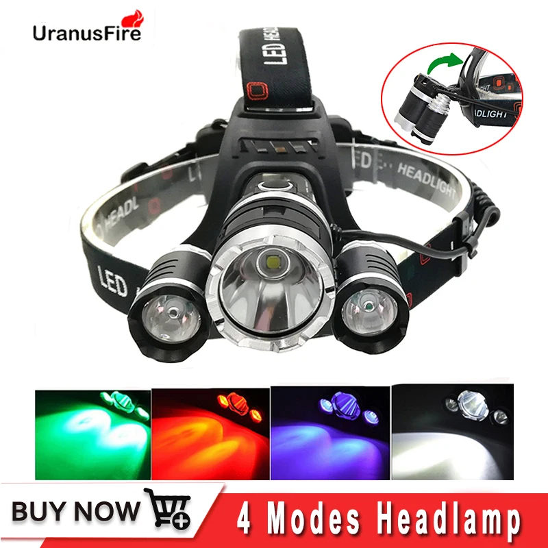 Светодиодный налобный фонарь Uranusfire 3 * T6 XPE 18650 лм Передний с аккумулятором красный