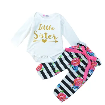 

Infant Baby Clothes Suits White T-shirt Little Sister Tops Striped Bow Print Pants 2pcs Bebe Outfit Kids Clothing Sets
