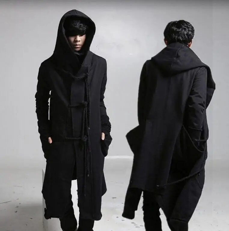 Mens Gothic Hooded Long Loose Trench Coat Jacket Punk Outwear Parka