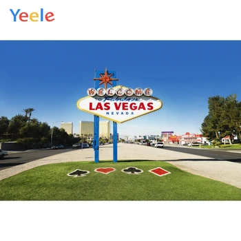 

Yeele Blue Sky Signpost Las Vegas Lawn Trees Building Photography Backgrounds Photographic Customized Backdrops for Photo Studio
