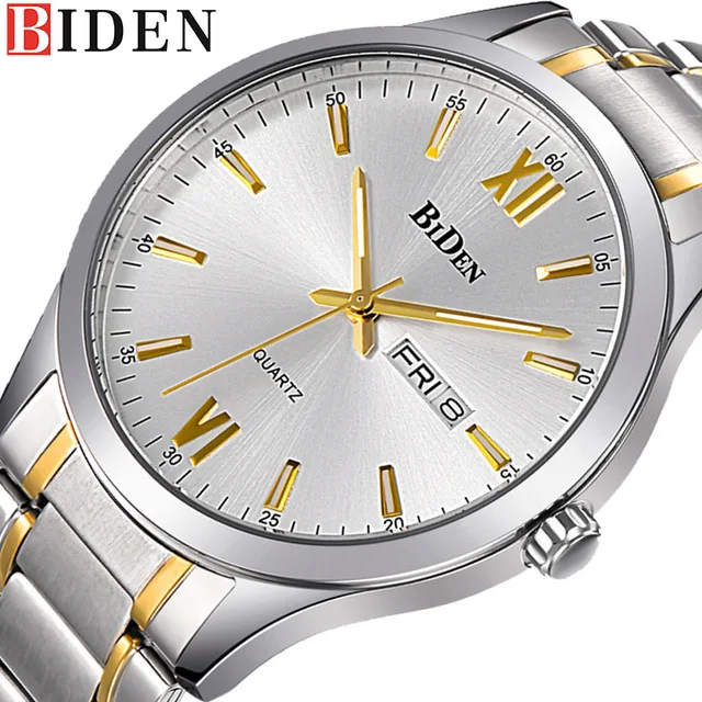 

BIDEN Mens Steel Quartz Wristwatch Date Display Business Style Waterproof Bangle Watches Fashion reloj