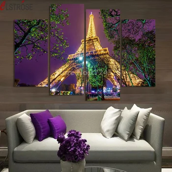 

CLSTROSE Top Fashion Special Offer No Framed 4 Piece Tower Night Landscape Modern Wall Art Home Decor Picture HD Works Unframed
