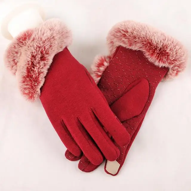 Элегантные зимние перчатки женские хлопковые перчатки варежки с натуральным кроличьим мехом помпон сенсорный экран водительские перчатки Новая осень - Цвет: Красный