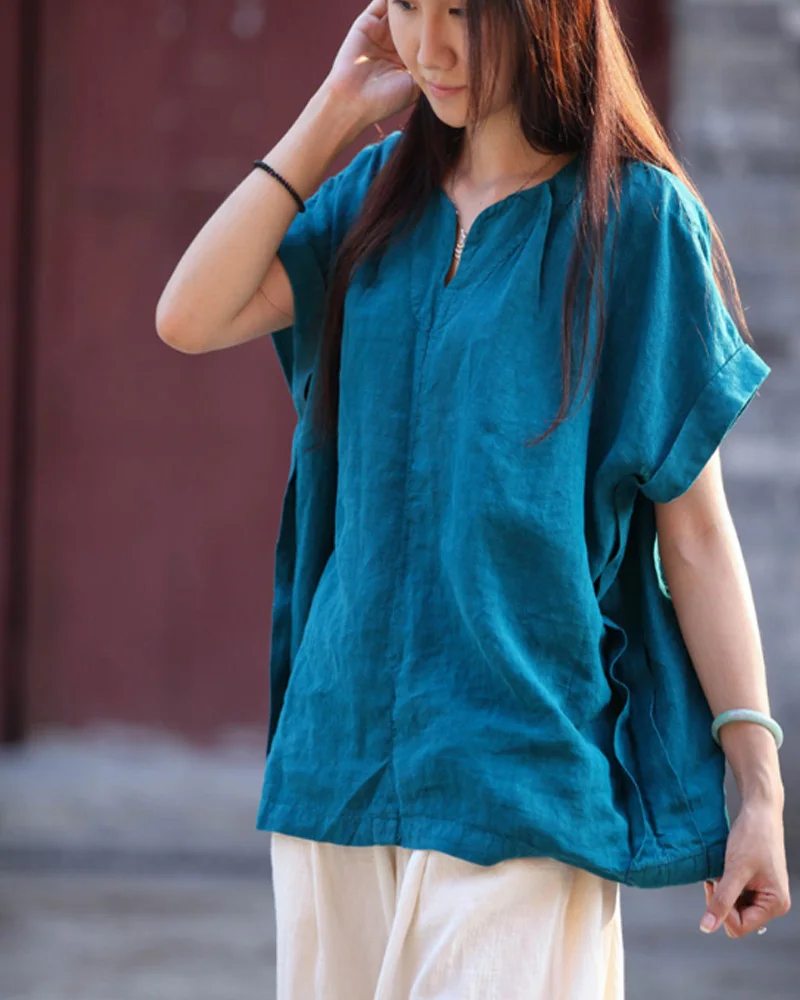 

Free Shipping New Casual Fluid Loose Clothing Shirt Linen Women's Top Short-sleeve Linen Shirt Blue Red Clothes