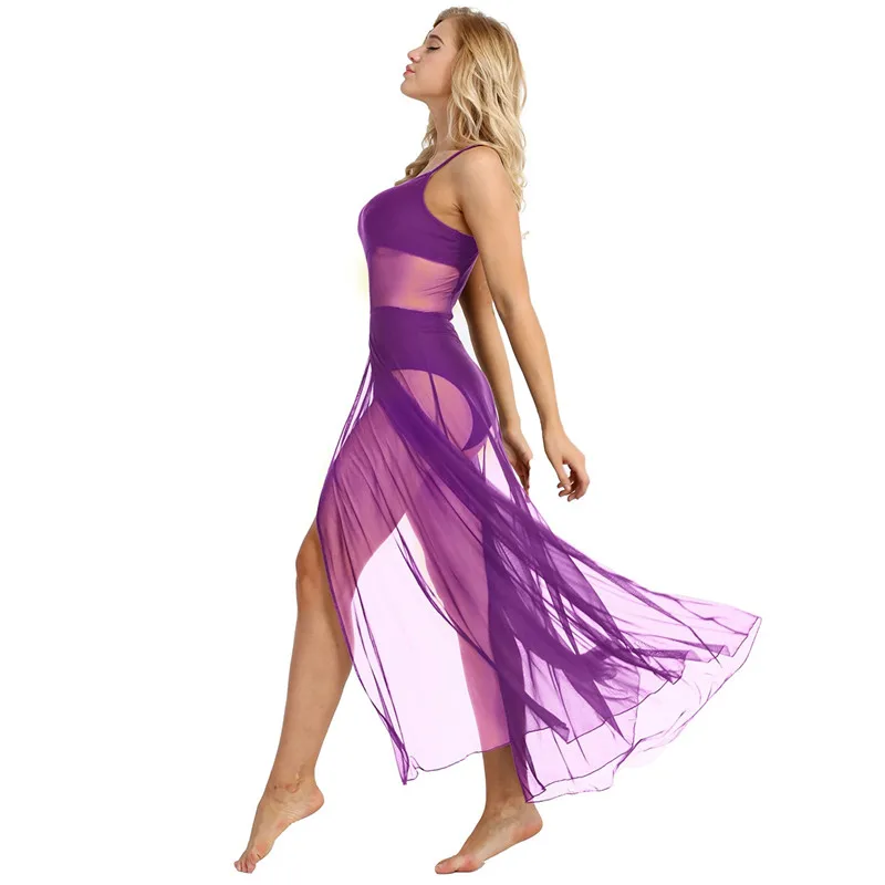 Женское платье с бретельками без рукавов, асимметричное Сетчатое платье макси для танцев со встроенным трико, лирическое платье класса для танцев