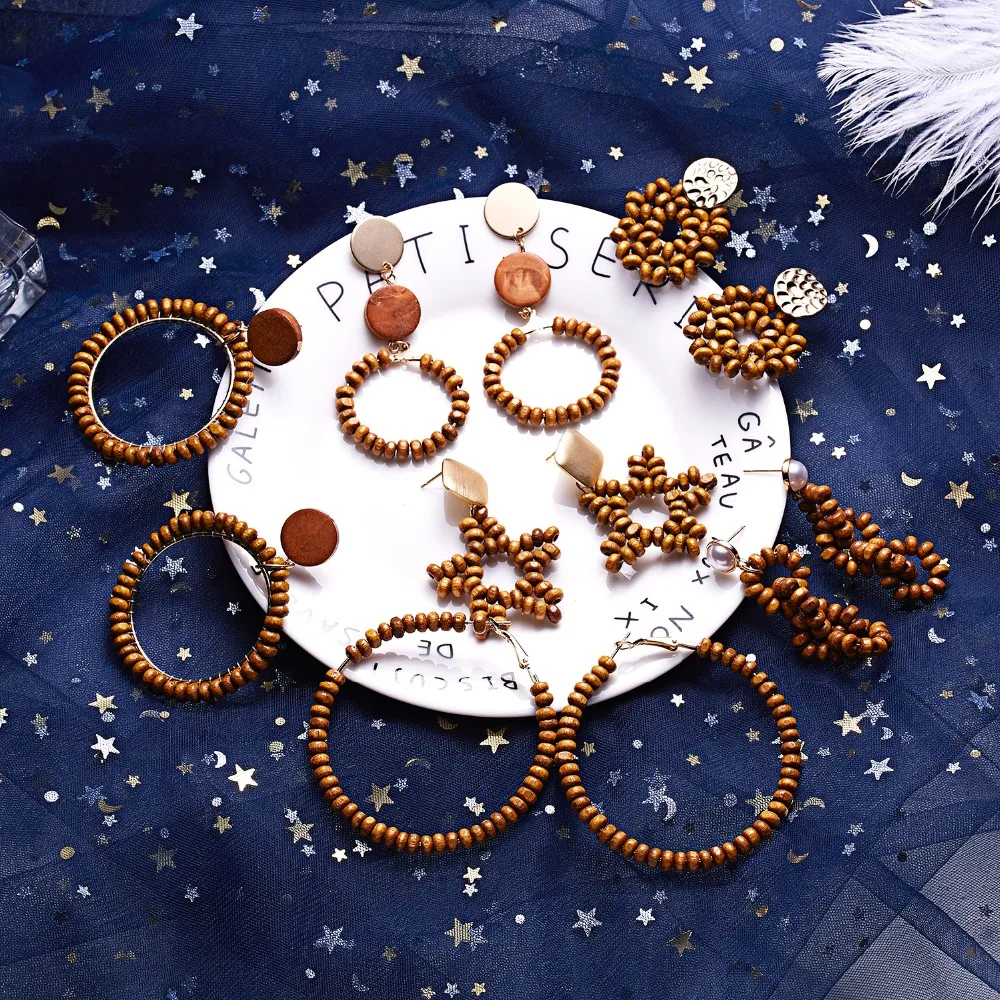 

Ethnic Wooden Beads Drop Earrings Geometric Big Circle Round Star Earrings For Women Beaded Long Dangle Earring Jewelry Gifts