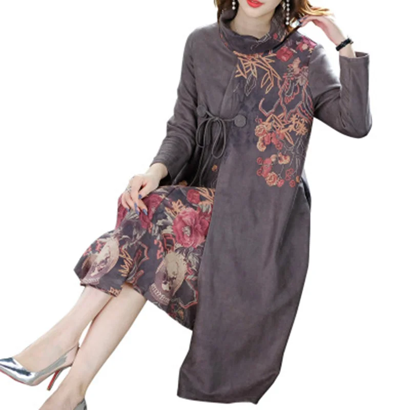 

M-4XL 2018 autumn new women's retro print high neck dress high quality fashion rope line bandwidth loose dress elegant Vestido