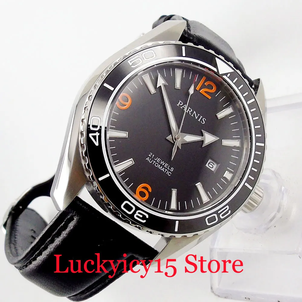PARNIS роскошный 45 мм Черный шкала автоматическое определение даты с автоматической обмоткой мужские часы с сапфировым стеклом