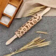 Kitchen Wood Rolling Pin Engraved Carved Embossed Christmas Rolling Pin Tool#2o31