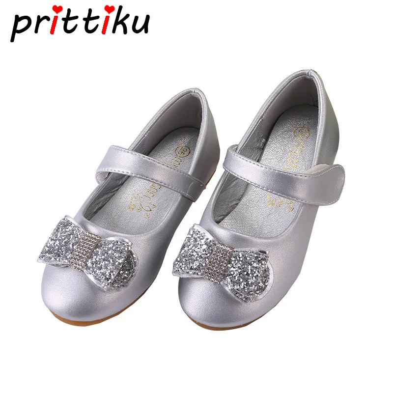 

2018 Baby Toddler Girl Rhinestone Sequin Glitter Bowknot Flats Little Kid Silver Pink Loafers Big Children Princess Dress Shoes