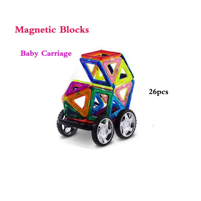 

26pcs Magnetic Blocks Baby Carriage Model Children Toy Square Triangle Wheel Magnetic Designer DIY Blocks Sheet for Kids