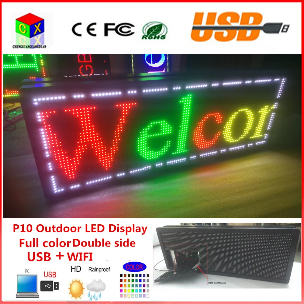 - P10 outdoor full color DOUBLE side led display size is 40X15inches display text support usb