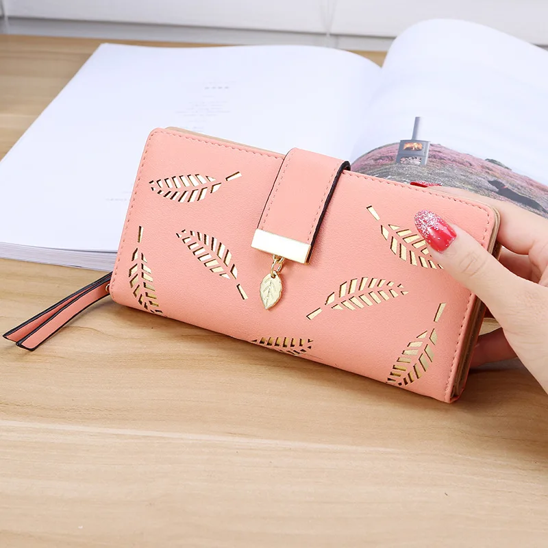 New Wallet Long Fashion Handle Purse Hollow Leaves Zip Buckle Wallet