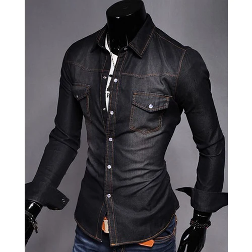 Solid Jeans Shirt. Casual Slim Fit 