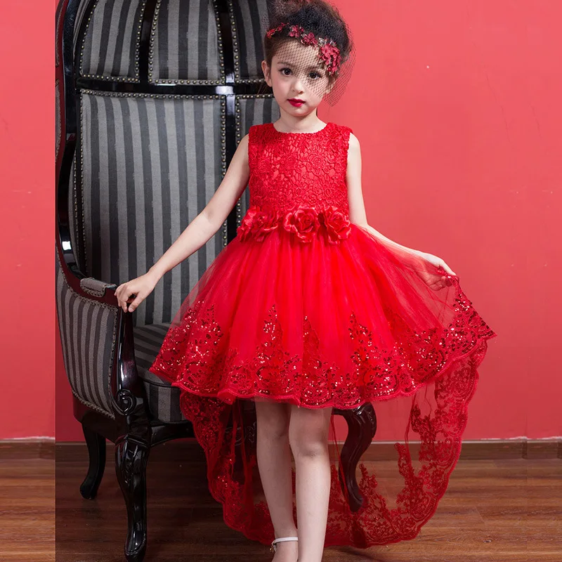 

Short Front Long Back Girls Dress Wedding Red Tullet Fancy Flower Girl Vestido 2019 Girls Clothes 3 4 5 6 Years Old RKF174013