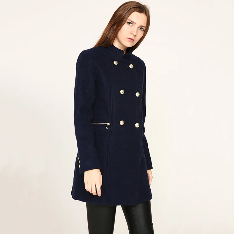 Женское зимнее пальто на пуговицах с большим меховым воротником|designer coat|navy