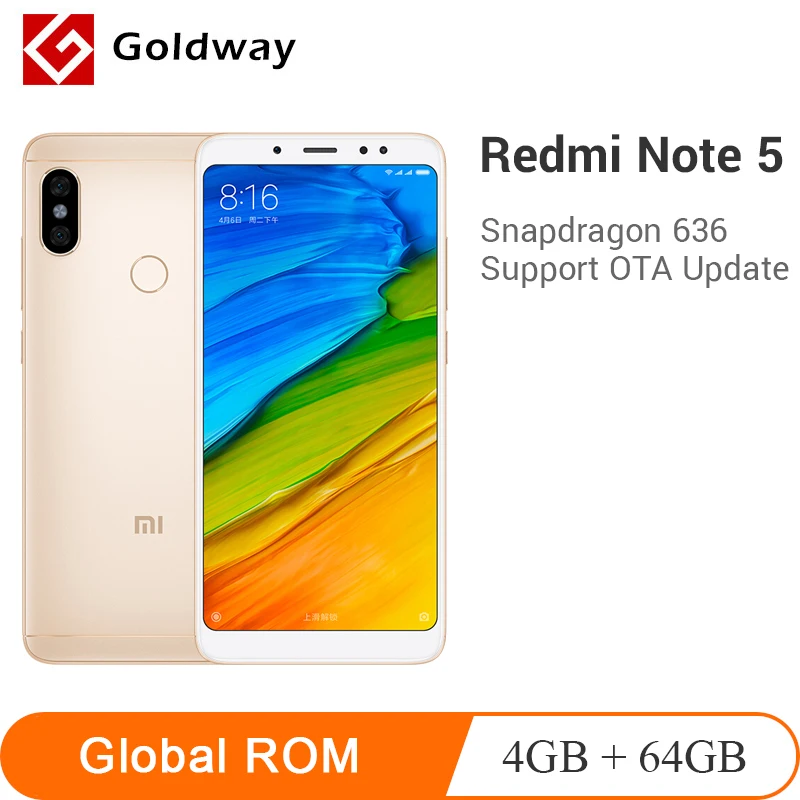 

Original Xiaomi Redmi Note 5 4GB RAM 64GB ROM Snapdragon 636 Octa Core 5.99" 18:9 Full Screen 12MP+5MP AI Camera Mobile Phone