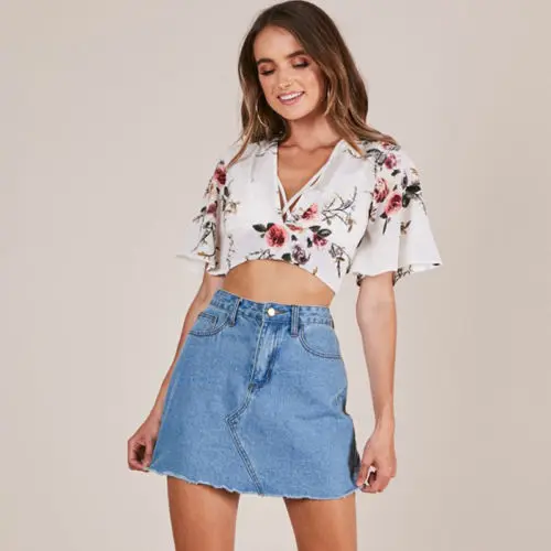 Casual Round Neck Cap Sleeve Ruffle Women Blouse Floral