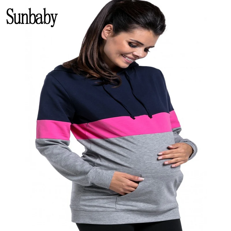  Sunbaby 2018 Spring Fashion maternity clothings winter Patchwork color hoodies women nursing top lo