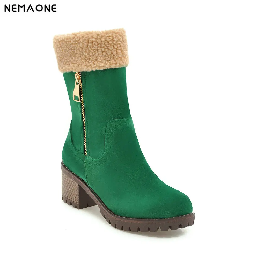 

NEMAONE Women Boots Female Winter Shoes Woman Fur Warm Snow Boots Fashion Square High Heels Boots Black Green botas mujer