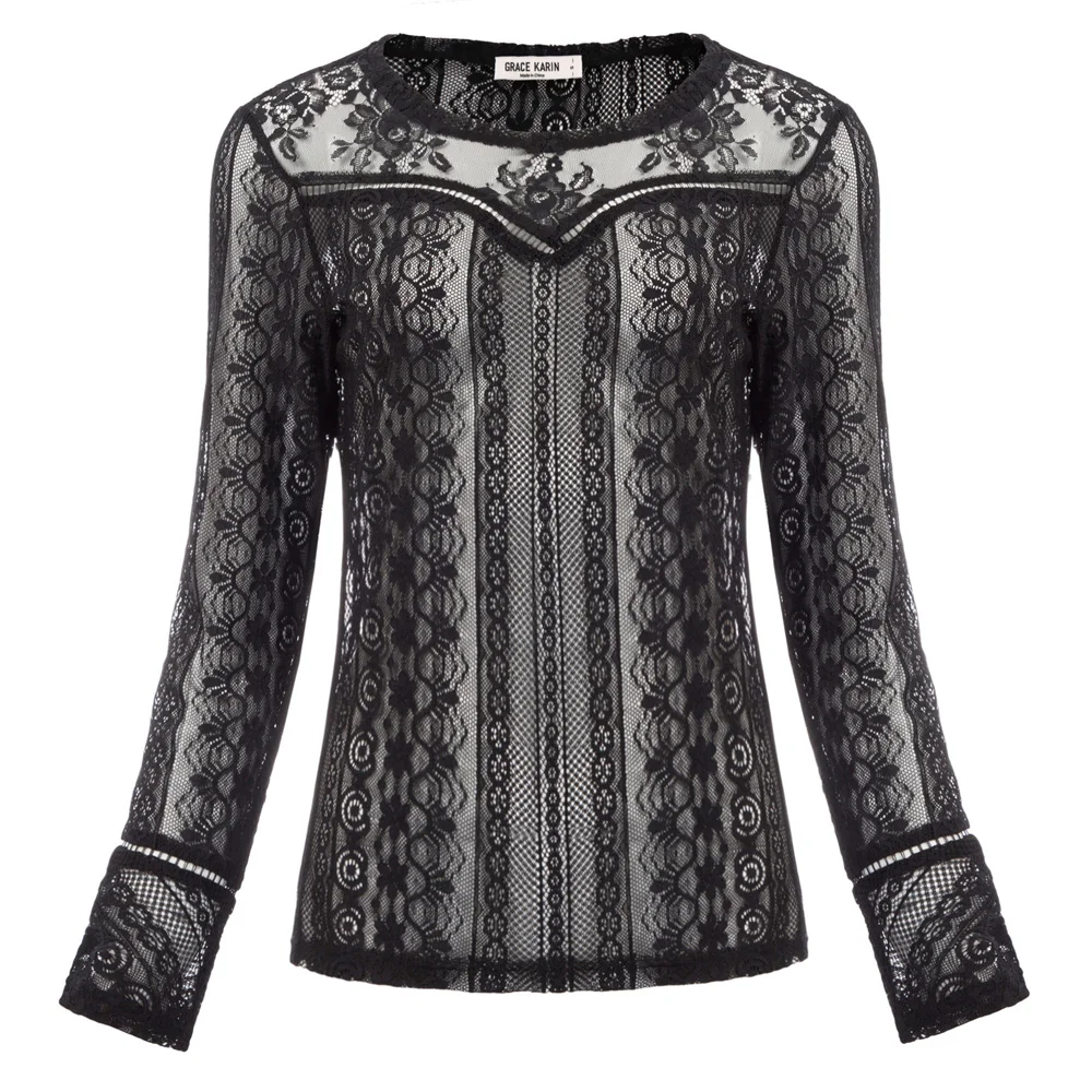 Casual Blouse Shirt Party Womens Tops Clubwear Office Lace Long sleeve Crew neck Mesh sheer See through New 2019 |