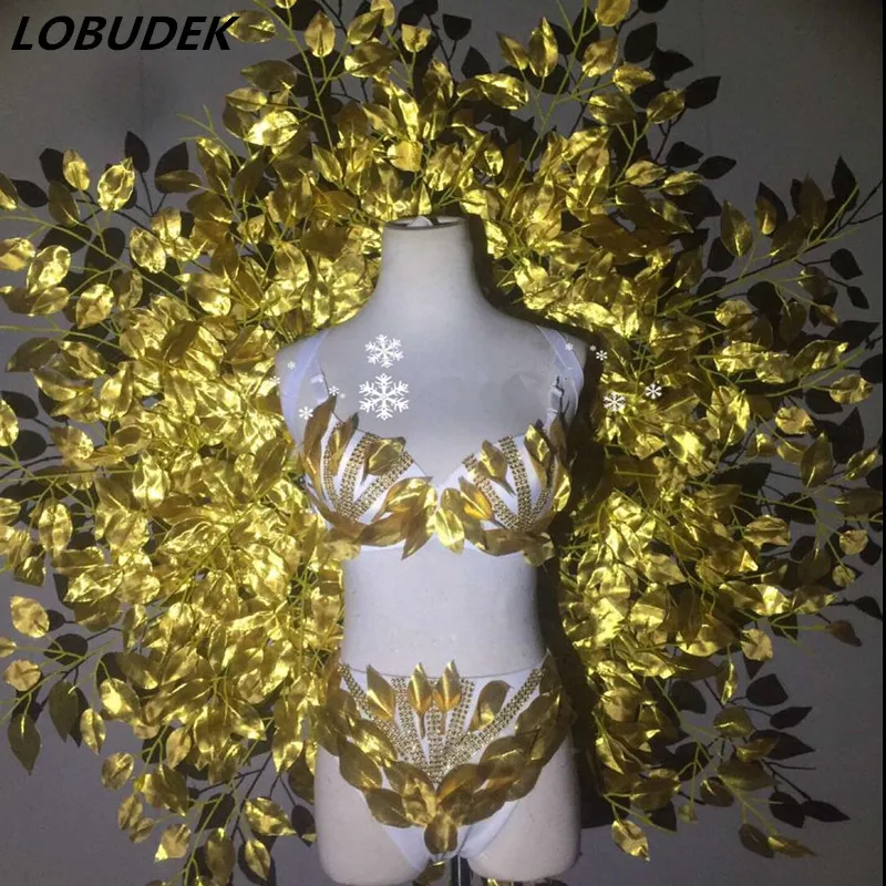 

Gold Crystals Bikini Leaves Backboard Set Sexy Party Models Catwalk Costume Nightclub Leading Dancer Show Ballroom Stage Outfits
