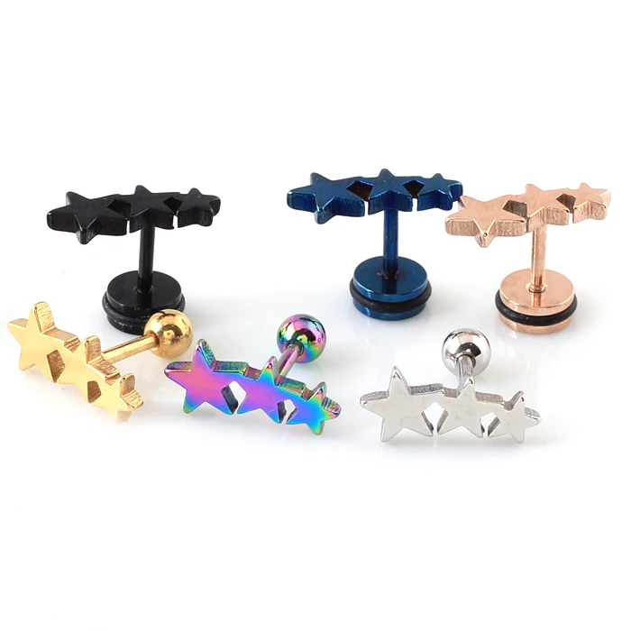 

2pcs Titanium Steel Three Triple stars Cartilage Piercing Men Women stud Earrings