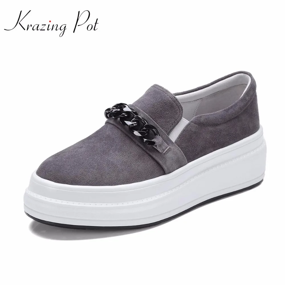 

Krazing Pot 2019 new sheep suede metal chains platform loafers sneakers for women round toe slip on female vulcanized shoes L61