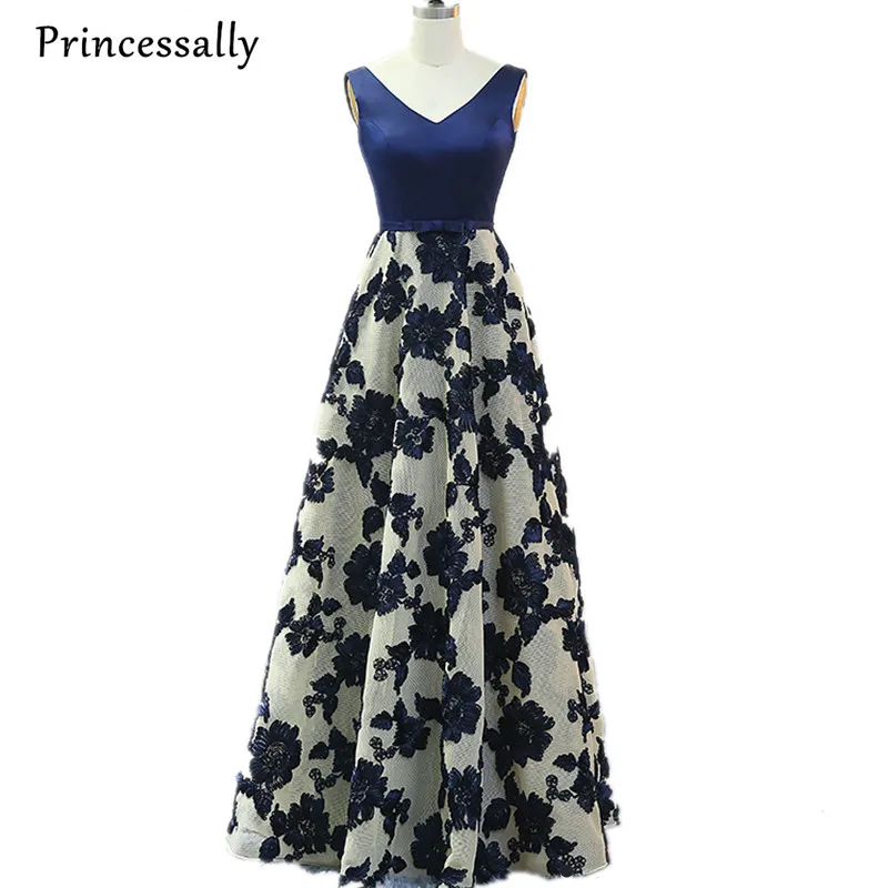 

New Navy Blue Evening Dress Floor Length Sexy V neck Satin Embroidery Flower Pattern Elegant Bride Banquet Prom Party Gown 2017