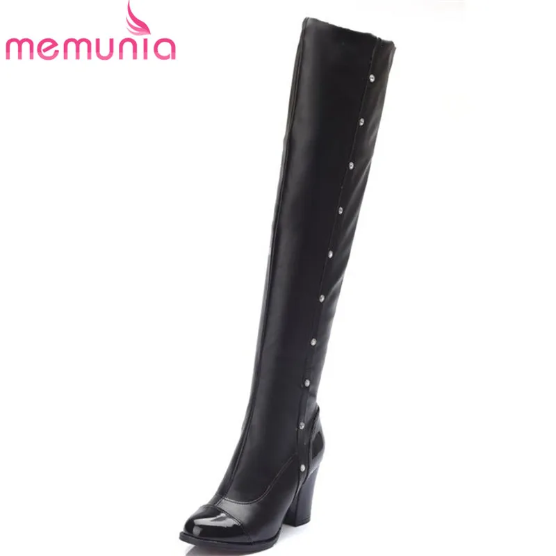Koop MEMUNIA Vrouwen over de knie laarzen collectie hot koop zip up herfst ronde neus klinknagels solid PU zacht leer mode laarzen