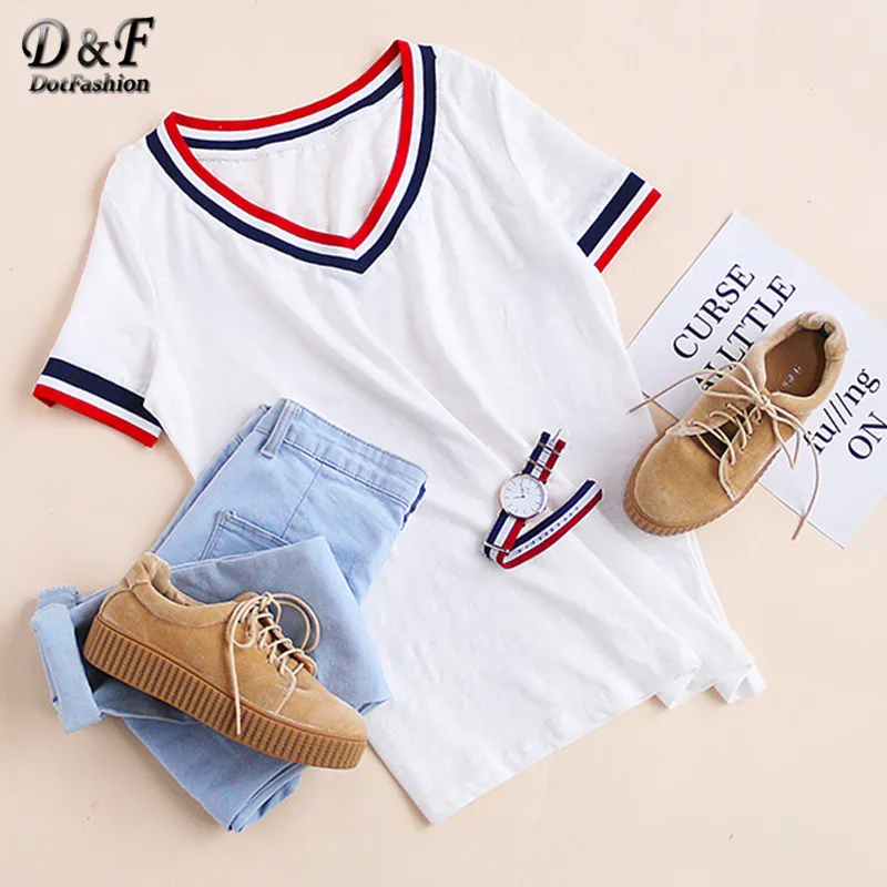Dotfashion, стиль, летние женские футболки, свободные топы, базовая белая полосатая отделка, v-образный вырез, короткий рукав, футболка