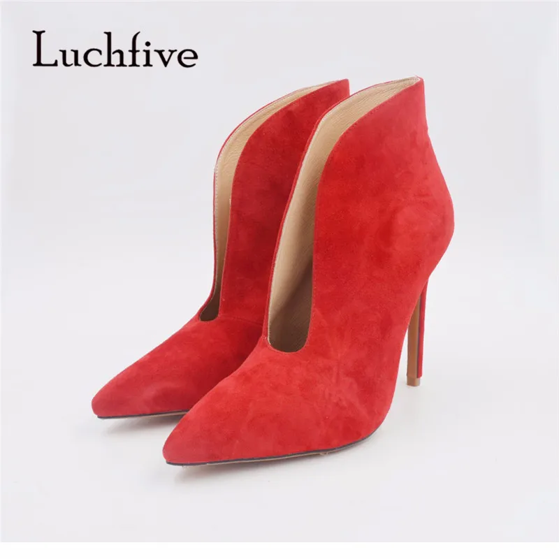 

New Super high heels short Ankle Boots for women sexy pointed toe ladies shoes kid suede slip on boots black blue orange red