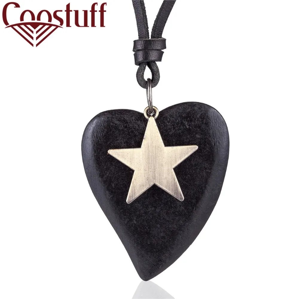 

Wood Heart Star Pendant Punk Women jewelry statement necklaces & pendants kolye Vintage Long leather Necklace Men collier femme