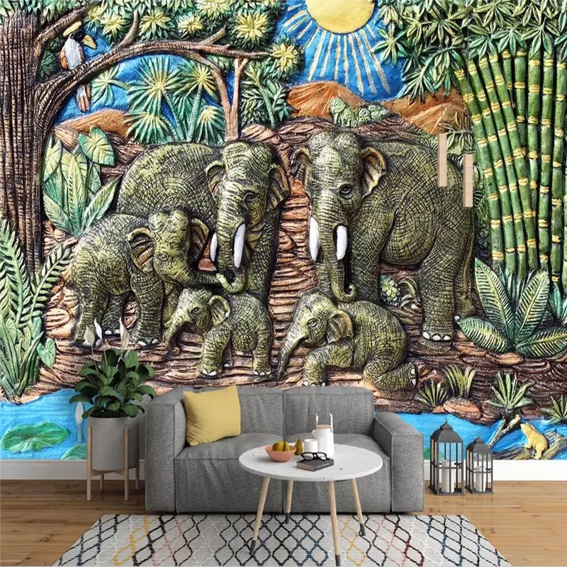 Custom Mural Wallpaper Southeast Asian Style Elephant Woodcarving Pastoral Mural Background Wall