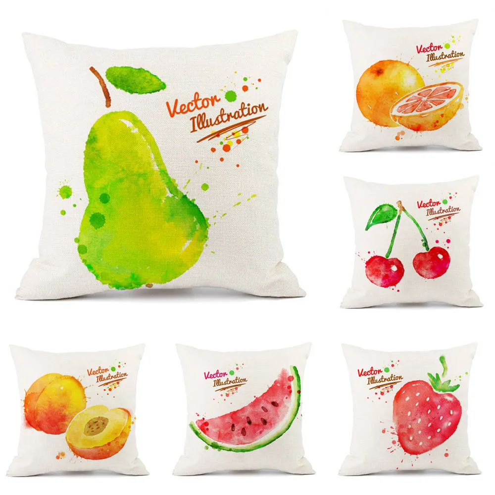 

Fruit Summer Cushion Cover Watercolor Style Watermelon Kiwi Strawberry Decoration Linen Pillowcase for Sofa Bed Home Decor 45x45