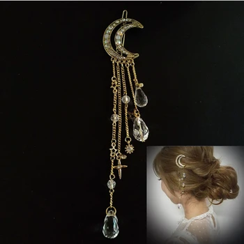 

Retro Crescent Moon Hair Clips Natural Crystal Stone Pendant Precious Women Headwear Tassel Head Clamp Hair Clips Drop Shipping