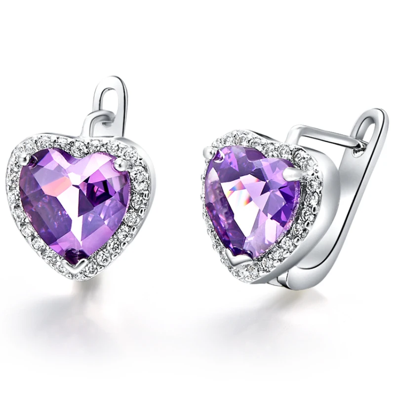 Romantic Purple Vogue Crystal 925 Sterling Silver Wedding Heart Stud ...