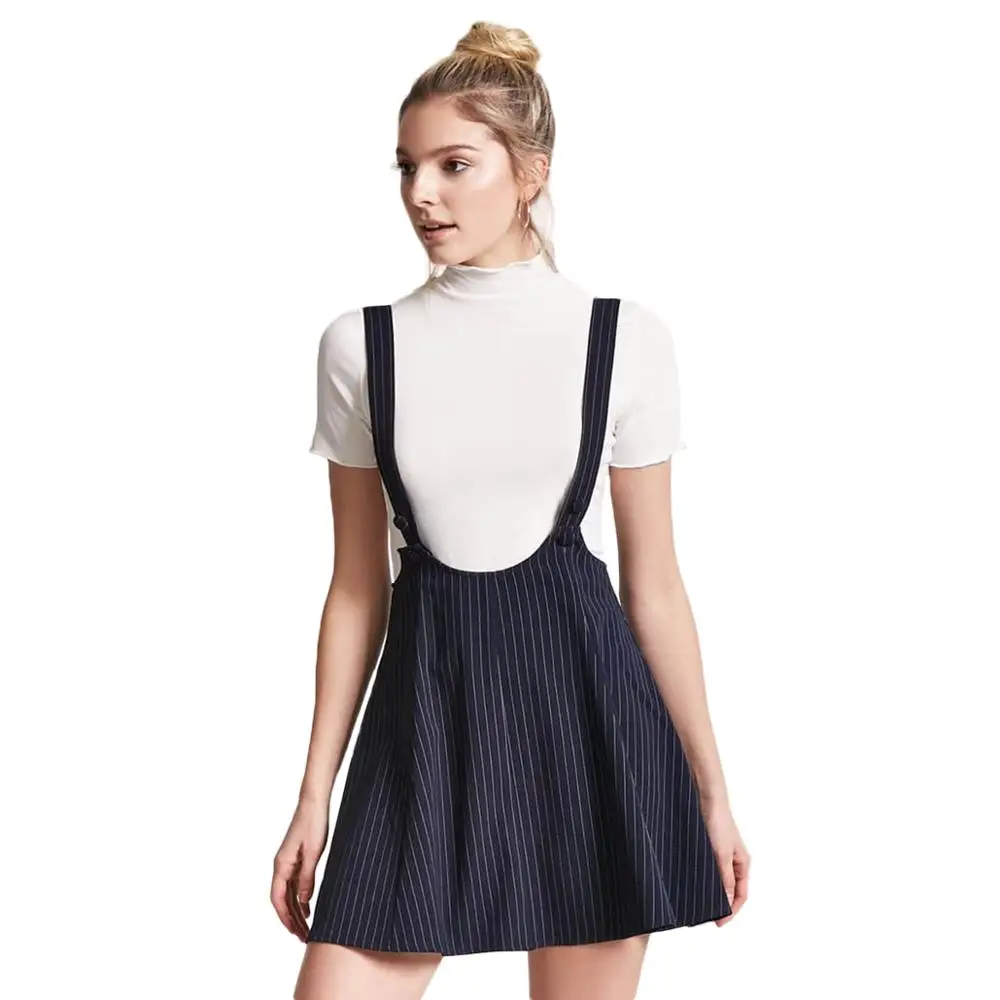 

MINSUNDA New Vertical Striped Skirt Women Dark Blue Spaghetti Straps Flare Skirt Summer Brief Office Work Elegant Midi Skirt