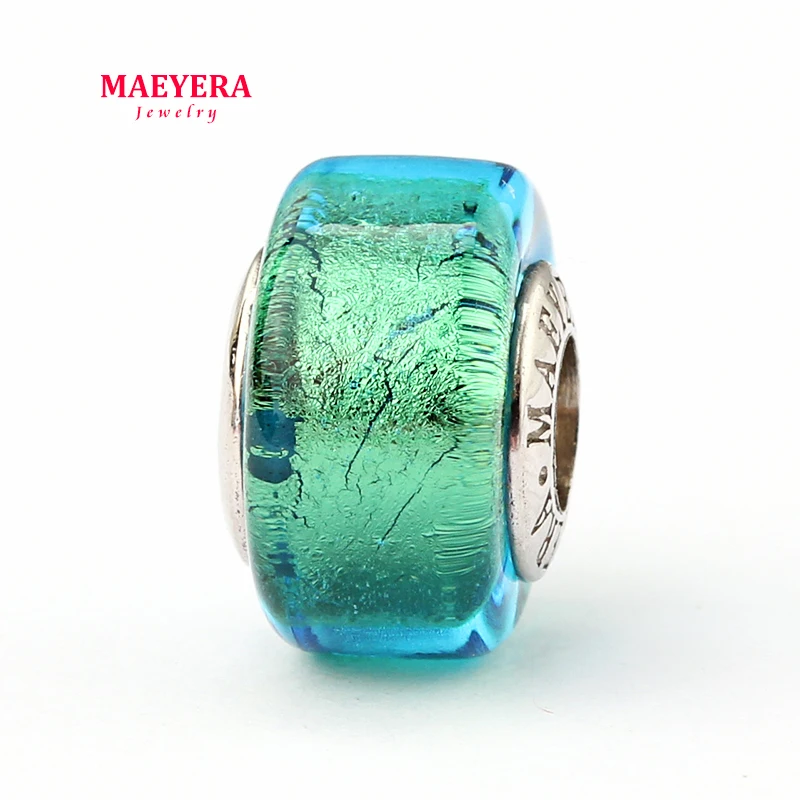 

MAEYERA Authentic 925 Sterling Silver Lampwork Beads Lake Blue Gold Foil Murano Glass Beads Fit European Charm Bracelet 920290