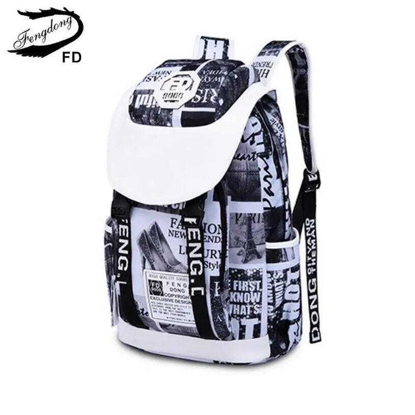 FengDong feminine fashion letters printing laptop backpack women travel bags black and white big school bags for girls bookbag white-bookbag : image FengDong feminine fashion letters printing laptop backpack women travel bags black and white big school bags for girls bookbag white-bookbag