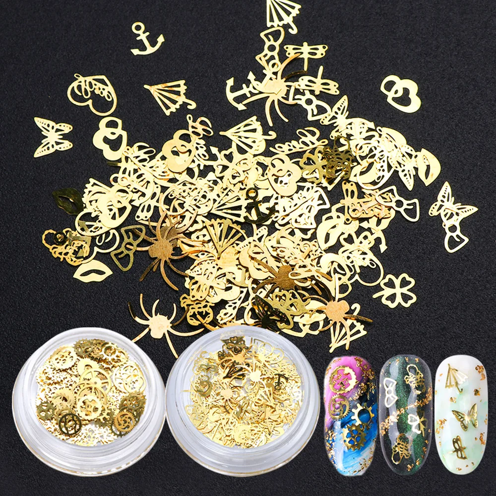 

120pcs/box Nail Art Decorations Gold Glitter Sequins Spider Heart Metal Slices Animals Tips Paillettes Mixed Nail Design TR1006