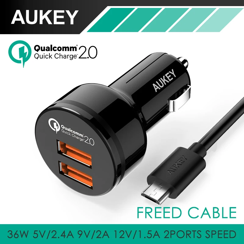 AUKEY Fast Charging Quick Charge 2.0 36W USB Car charger Adapter Dual Turbo Rapid Port Car-Charger for HTC LG Tablet &more Phone