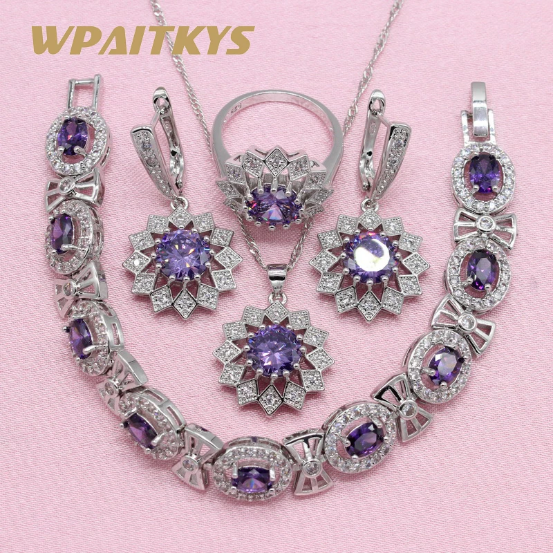 

Noble Purple Cubic Zirconia 925 Silver Jewelry Sets For Women Flower Shaped Earring Pendant Necklace Ring Bracelet